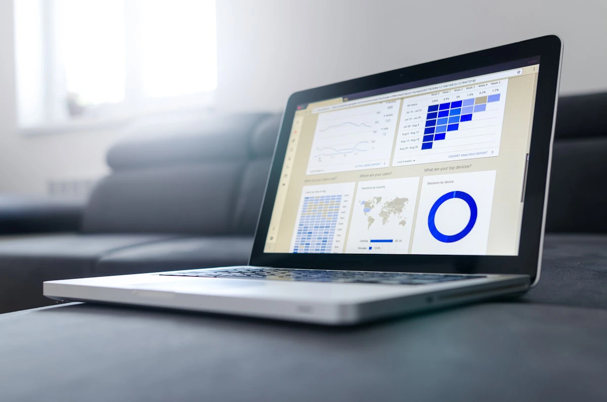 Person analyzing a data dashboard with charts and graphs on a computer screen